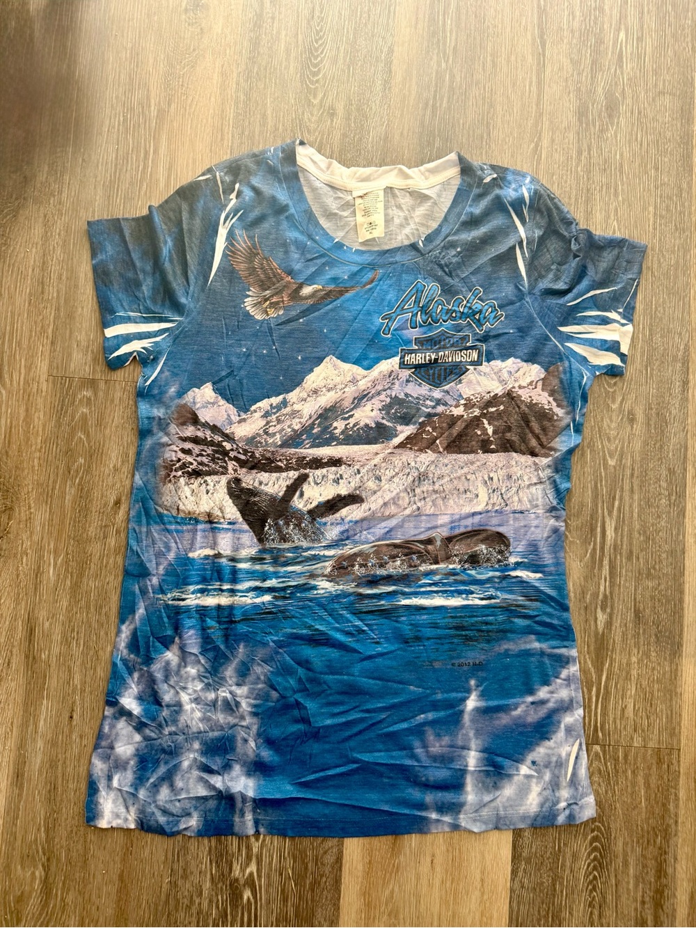 Harley-Davidson 2012 Blue Alaska Whale & Eagle Graphic Women's Tee XL